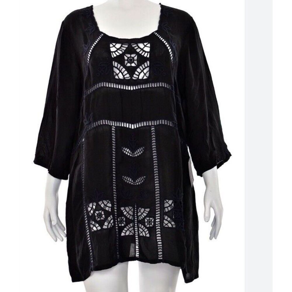 JOHNNY WAS Los Angeles Black Tunic‎ Dress Embroidered S Small Coverup Beach